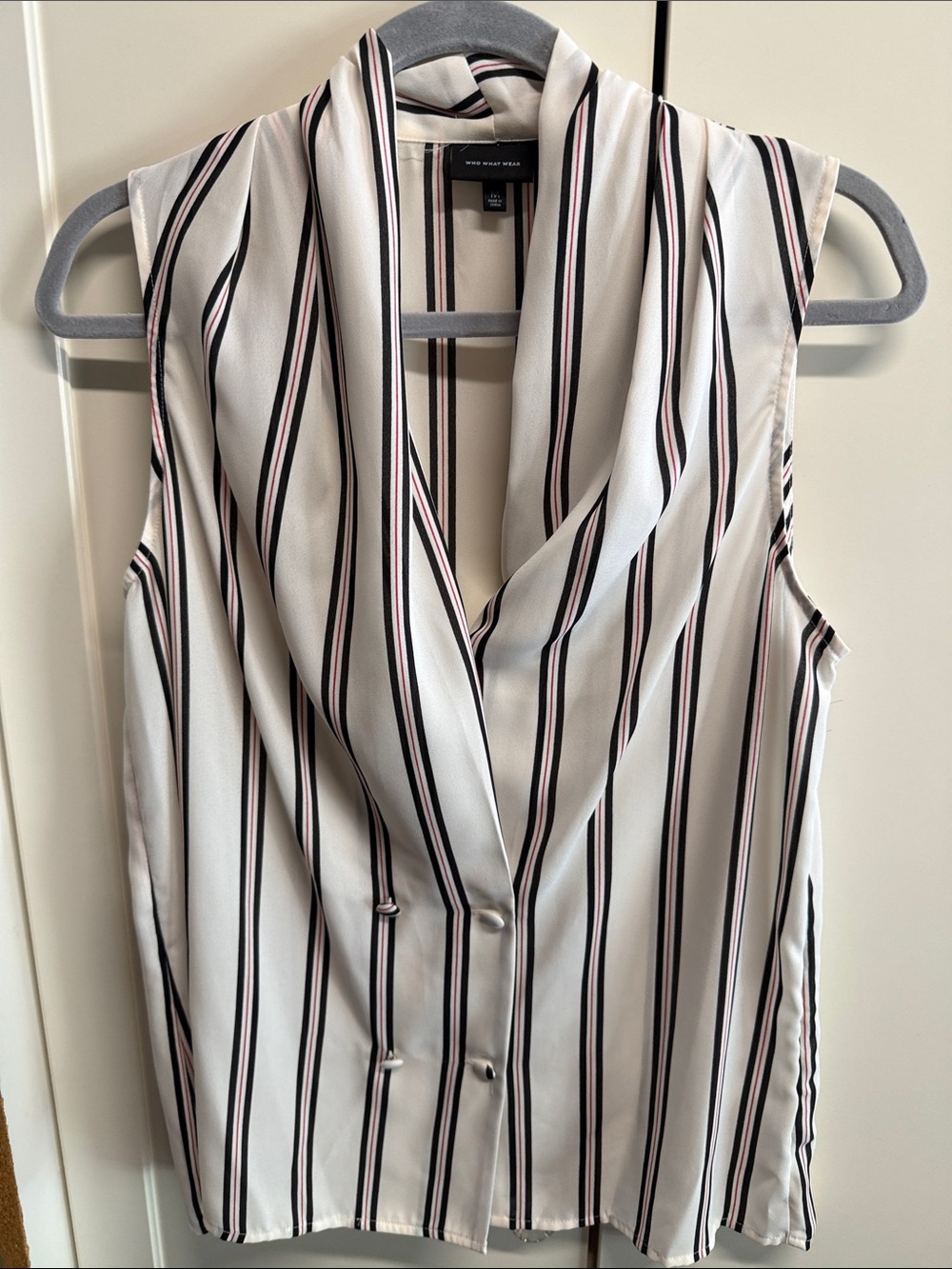 Who What Wear White Sleeveless Draped Blouse with Black & Pink Stripes